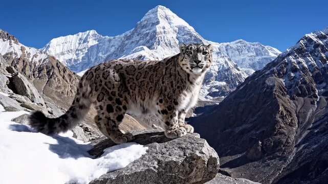 Snow leopard prowling rocky snowy mountain peak during golden hour with majestic summit backdrop cinematic motion