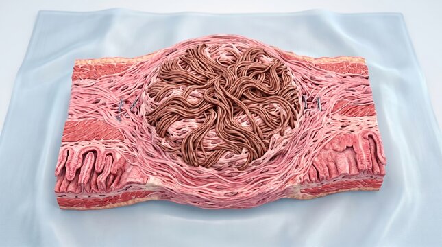 Detailed Medical Cutaway Model of Fibrous Tissue Lesion and Vascular Structure in Muscle Layer