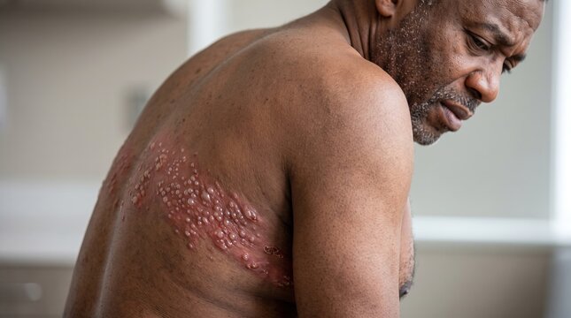 Rear view of African American man suffering from painful shingles herpes zoster rash and blisters on back