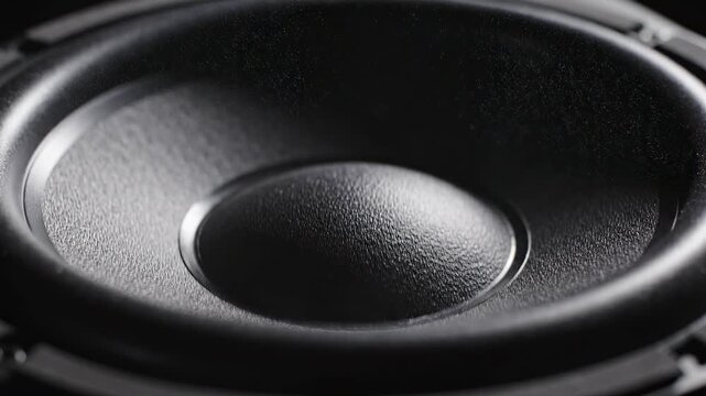 Speaker cones vibrating with dramatic cinematic lighting during an audio demonstration for sound technology