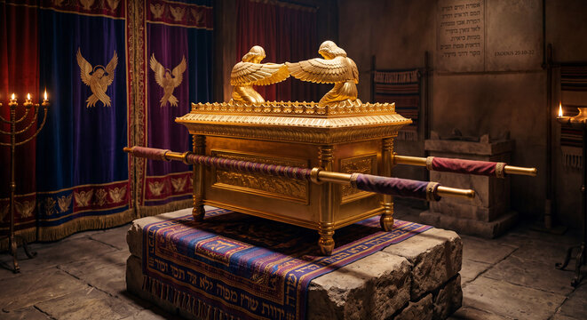 An artistic representation of the Ark of the Covenant, placed on an altar table in a church interior decorated in the Byzantine style