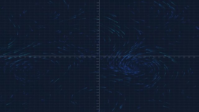 Phase Portrait Mathematical Visualization on Blue Grid Coordinate System with Glowing Vector Streamlines and Dynamical Flow for Science and Technology Background