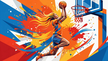 Colorful Geometric Illustration of Female Basketball Player Jumping to Score © Aman