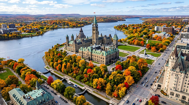 Aerial view of parliament hill in ottawa during autumn