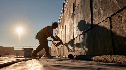 Fototapeta premium Installing Dimple Drainage Sheet and Protection Board on a Concrete Wall