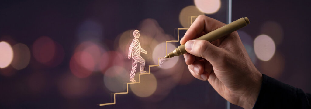 Hand drawing a human figure climbing stairs on glass for business growth and success concept