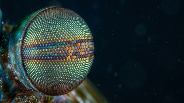 Mantis shrimp compound eye showing iridescent hexagonal ommatidia patterns