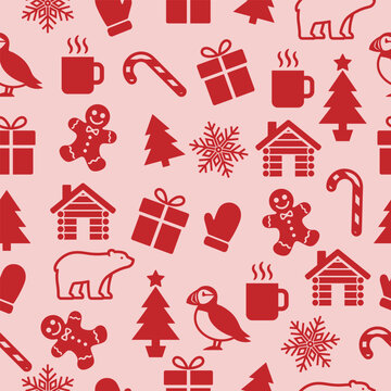 Christmas seamless pattern with red gingerbread man, polar bear, house, and gifts on pink background. Festive winter holiday flat illustration.