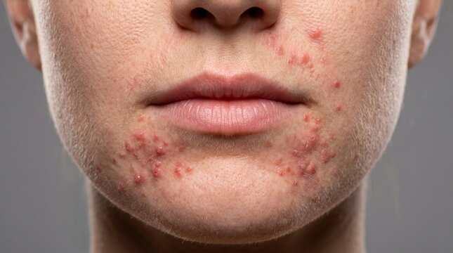 Macro close up of lower face and chin affected by perioral dermatitis papules and red pustules