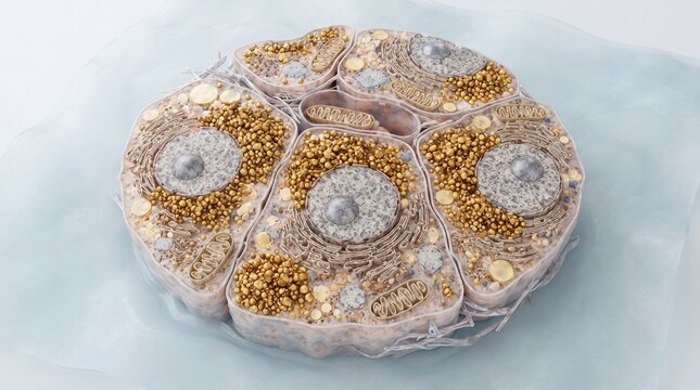 High-magnification 3D microscopic model of adipose cells and tissue structure with lipid droplets