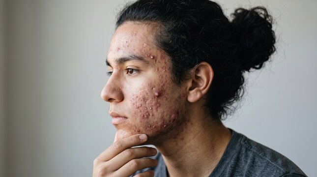 Profile view of Hispanic teenage boy touching face with severe cystic acne breakouts and skin scarring