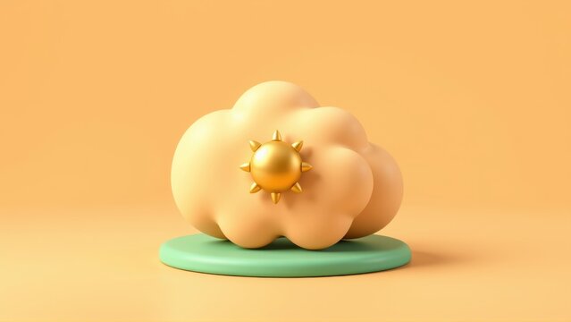 Peach cloud rests upon mint base. Golden sun adorns fluffy form. Minimalist design, soft colors, studio lighting. Simple, playful composition.