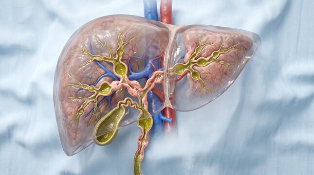 3D rendering of semi-transparent liver anatomy highlighting the gallbladder and biliary tree