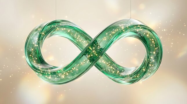 A beautiful glowing green infinity symbol shaped glass sculpture suspended against a soft neutral background