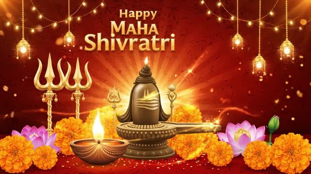 Happy Maha Shivratri festival with Shiva lingam, diyas and tridents 4k