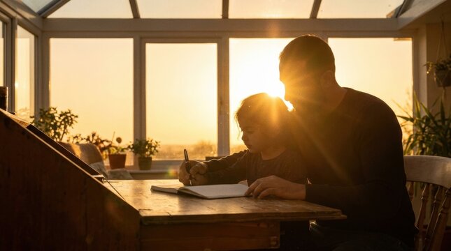 Father guiding child through creative writing at sunset