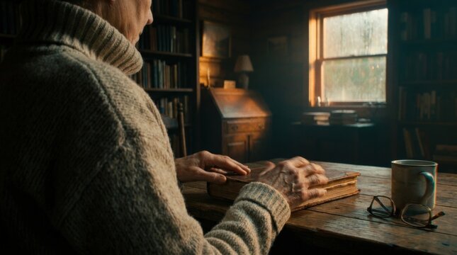 Senior writer touching a closed book in a cozy study