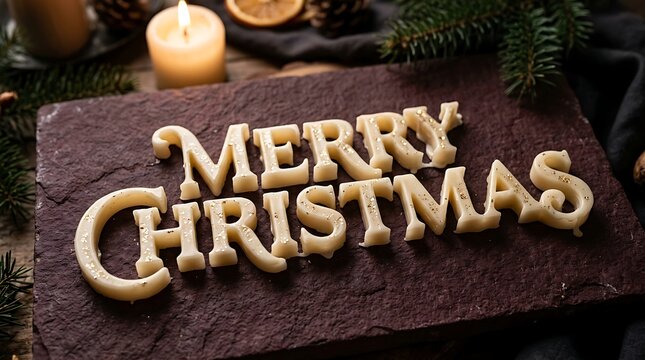 Merry Christmas greeting text made of white icing on dark stone background with pine branches and candles