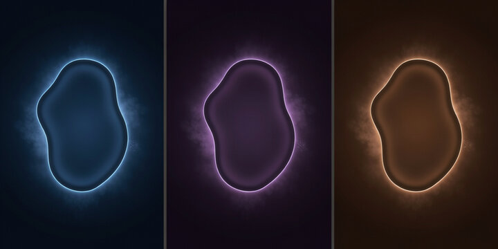 Three glowing organic shapes with soft neon light effects in blue, purple, and brown tones