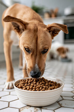 Dog eat dry food from bowl in kitchen