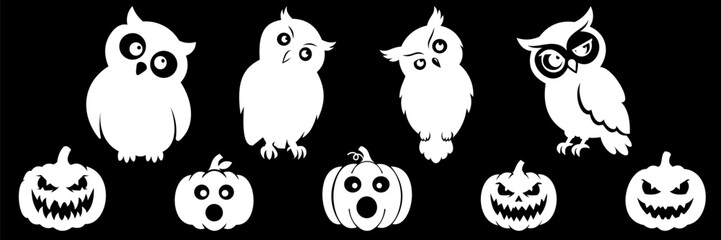 Fototapeta premium Halloween Owls and Pumpkins White Silhouette on Black Background Vector Illustration