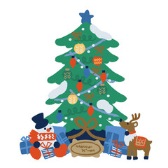 Naklejka premium プレゼントとトナカイを添えたクリスマスツリーのイラスト