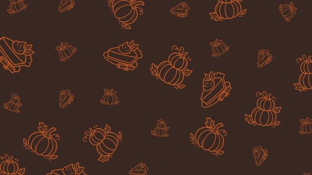 Thanksgiving dessert doodle pattern with pumpkin pie slice, cinnamon stick and stacked pumpkin. Seamless loop, orange line art on brown.