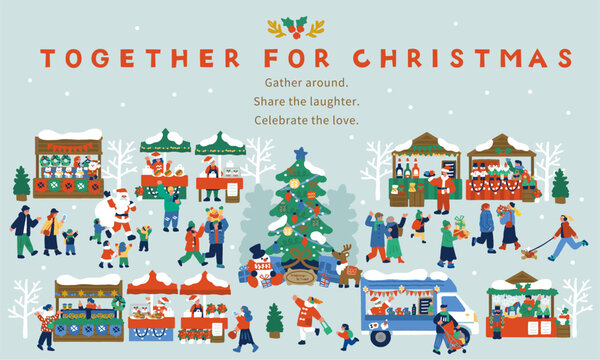屋台とツリーで賑わうクリスマスマーケットのイラスト