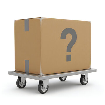 Orange cardboard box with question mark on dolly