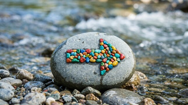 Stone with Arrow Made of Colorful Pebbles in Flowing Water.