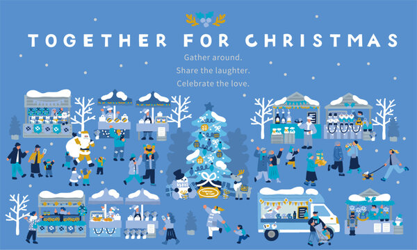 屋台とツリーで賑わうクリスマスマーケットのイラスト