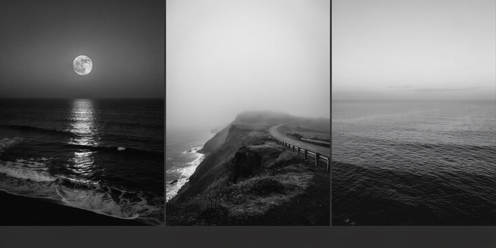 Three monochrome landscape panels with a full moon, misty coastal road, and calm ocean waves