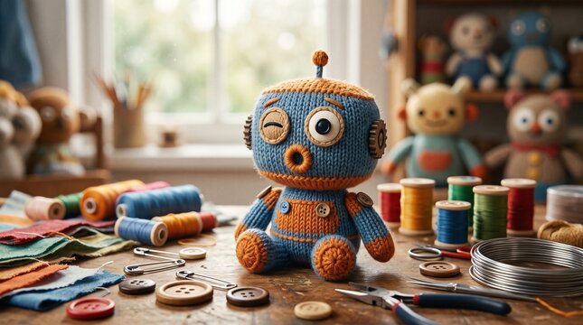 Cute knitted toy robot sitting on wooden workshop table surrounded by sewing supplies thread spools and crafting tools in bright cozy craft room with soft natural light