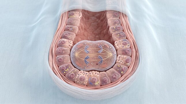 3D microscopic anatomy of cell division and mitosis inside a tissue duct or follicle