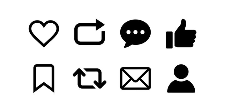 Set of social media interaction icons featuring heart, like, comment, share, bookmark, retweet, message, and profile symbols isolated on a white background for web and mobile interface design.