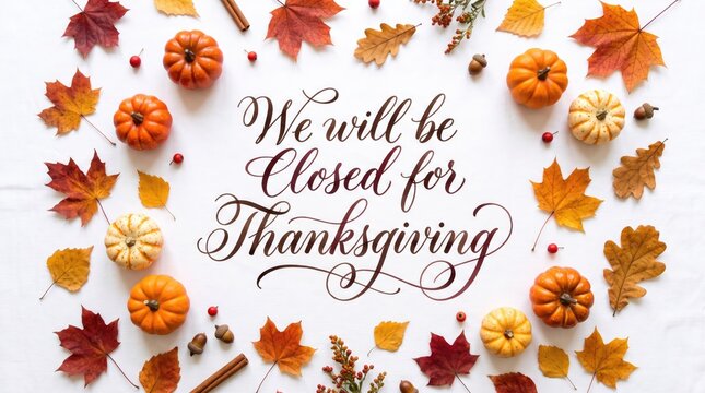 Thanksgiving holiday closure announcement featuring decorative pumpkins and colorful autumn leaves arranged in a beautiful flat lay composition