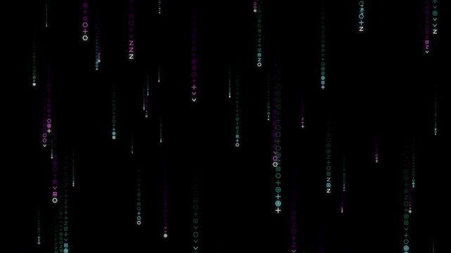 Cyberpunk digital rain background, falling binary code data stream, futuristic matrix motion graphics on black, high tech information flow.