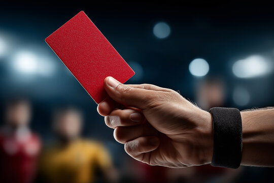 Soccer referee holding a red card in the air during a match, representing foul play, penalty, misconduct, disciplinary action and controversial moments in football