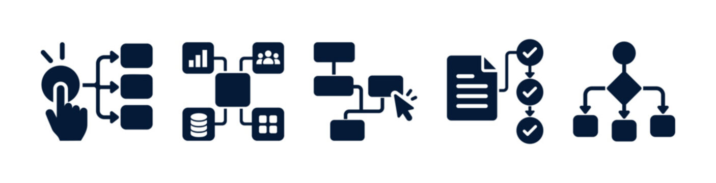 Workflow automation and business process management vector icons set with algorithm flowchart, data integration, logical hierarchy, document checklist and task distribution
