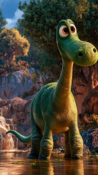 Green longneck cartoon dinosaur standing in a river with trees and rocks for background poster banner wallpaper