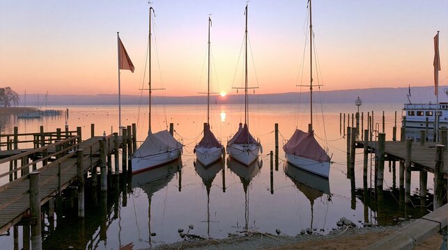 Sunset harbor with sailboats and tall masts silhouetted on calm water and soft reflections for landscape wallpaper and travel banner
