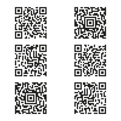 Fototapeta premium Set of six black QR code patterns for digital scanning and data connection.