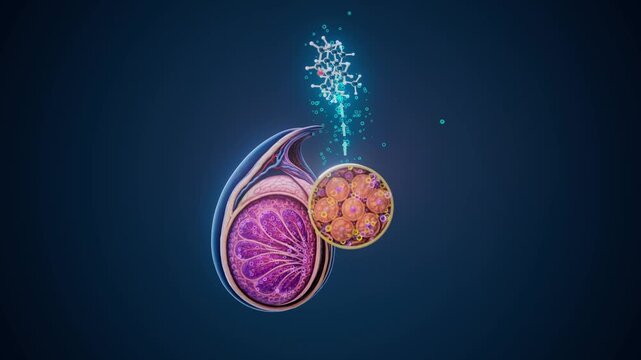 Conceptual 3D animation of testosterone production and hormone function