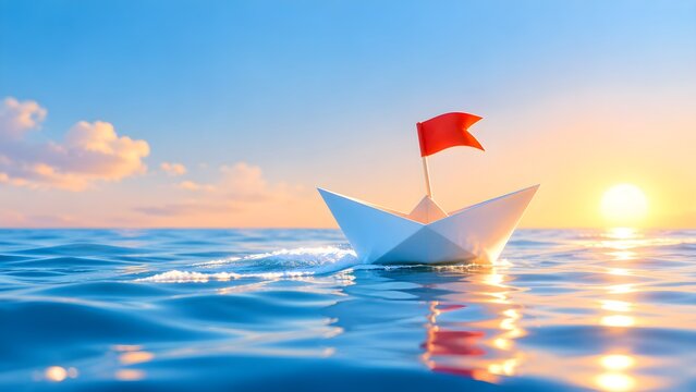 White paper boat with red flag sailing on calm ocean water under golden sunset sky. Concept of business leadership, strategic vision, and startup journey.