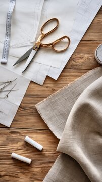 Flat lay of sewing patterns tracing paper and neutral linen fabric with gold scissors and tailor tools for sewing workspace background and craft banner design