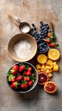Rustic overhead composition of strawberries blueberries orange juice and powdered gelatin on textured surface for recipe background and banner use