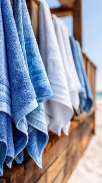 Row of blue and white towels hanging from a wooden beach railing for summer coastal background and seaside wallpaper design