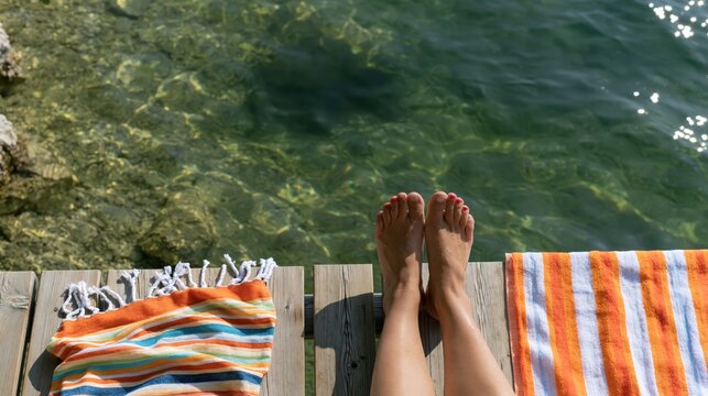 Bare feet at the edge of a wooden dock above clear shallow water for summer relaxation background and banner design with colorful striped towels