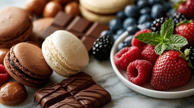 Assorted macarons chocolates and berries on serving surface