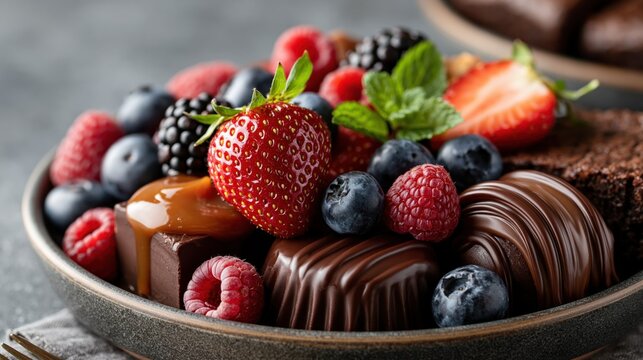 Assorted chocolates and mixed berries arranged on ceramic plate